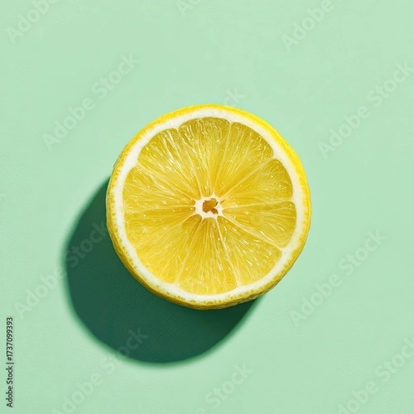 Obraz Close-up of a halved, ripe lemon on a light green surface, casting a shadow