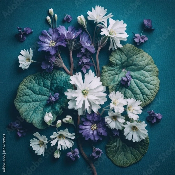 Obraz Arrangement of vibrant white & purple flowers with large green leaves on a deep blue background