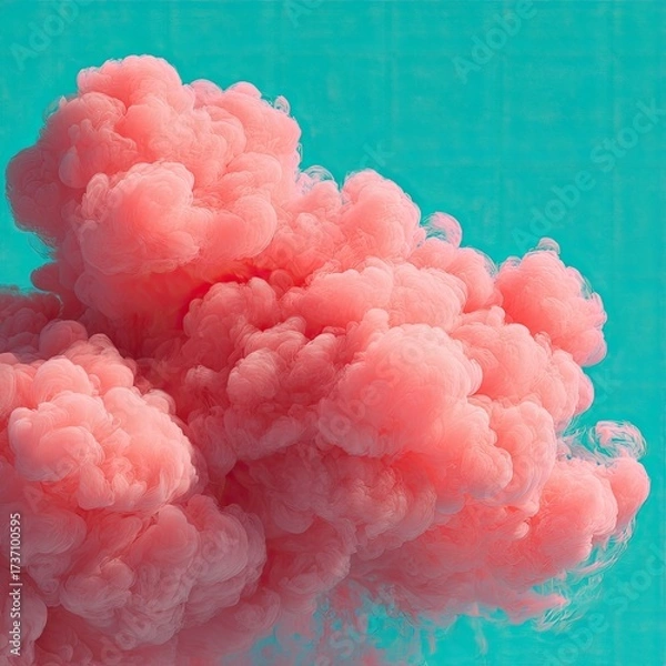Fototapeta A vibrant explosion of fluffy, pink smoke against a contrasting turquoise background