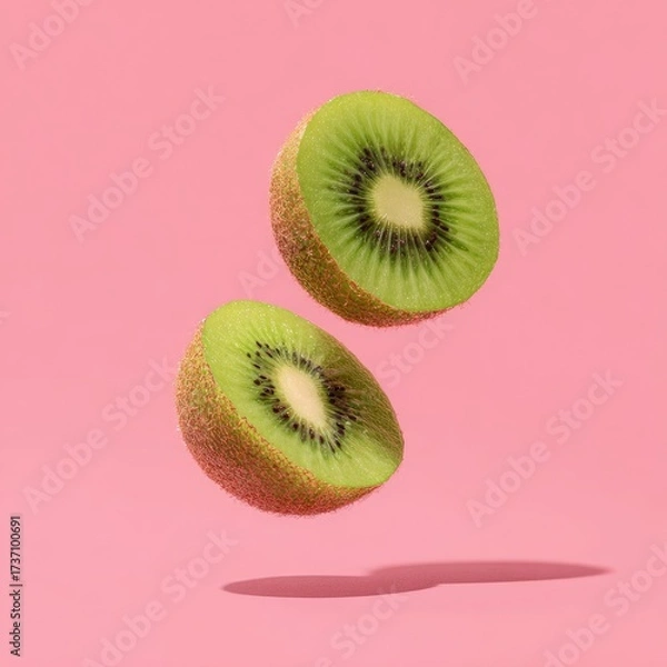Obraz Halved kiwi fruit suspended mid-air with shadow, against a vibrant pink backdrop