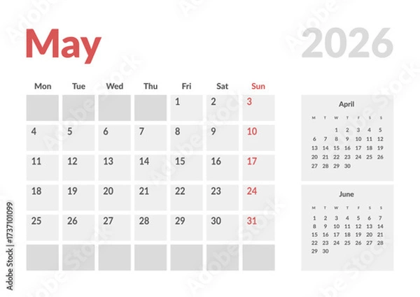 Fototapeta Monthly page Calendar Planner Template design of May 2026. Vector layout of calendar with week start Monday for Scheduling. Page for size A4 or 21x29.7 cm