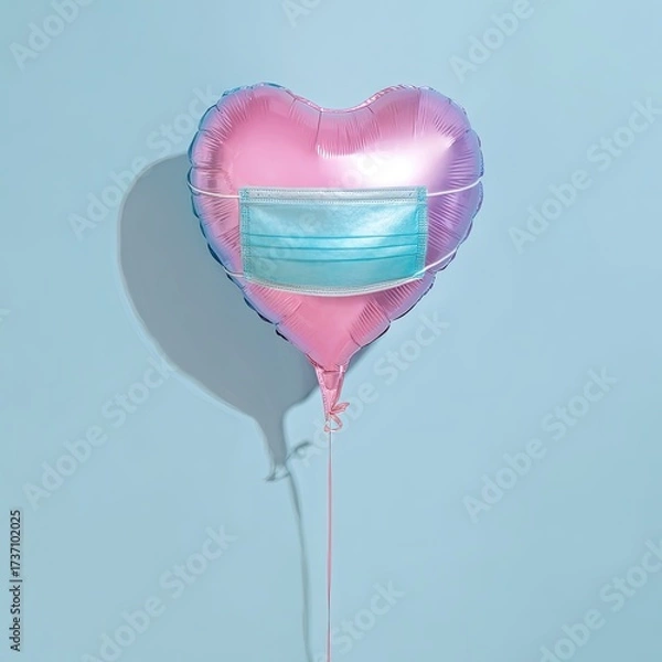 Fototapeta Pink heart-shaped balloon with a blue surgical mask against a light blue backdrop