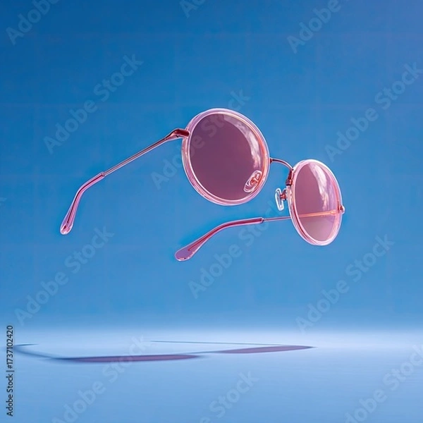 Fototapeta Pink, round-framed eyeglasses levitate, casting a shadow against a textured blue backdrop