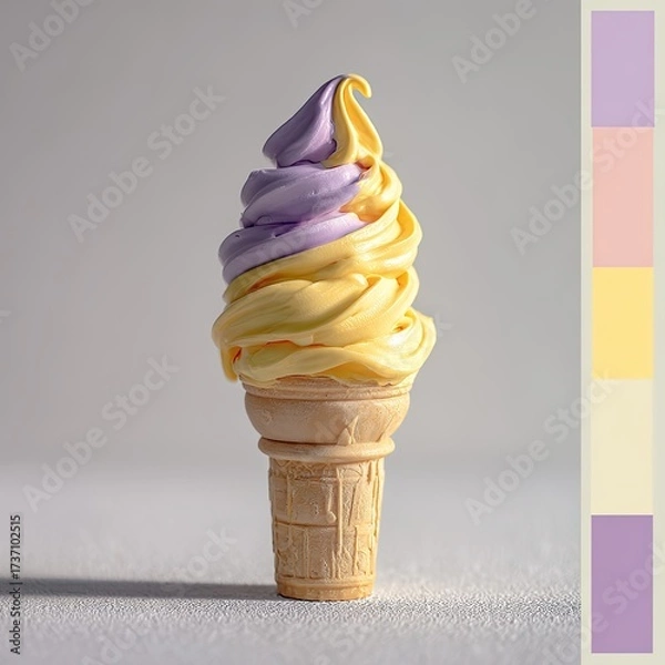 Obraz A soft-serve ice cream swirl in lavender and yellow atop a waffle cone