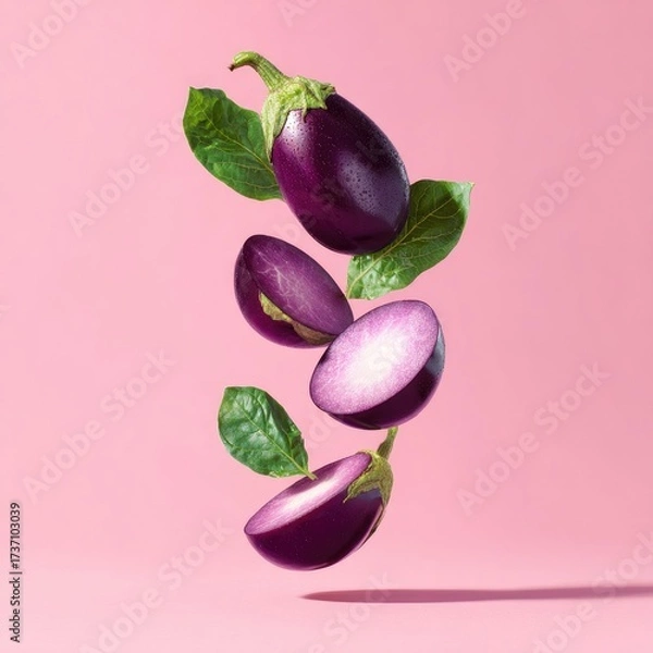 Fototapeta Floating halved and whole purple eggplants with green leaves against a pink backdrop