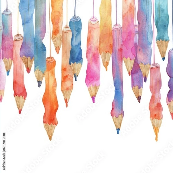 Fototapeta Watercolor painting depicts suspended, colorful pencils with softened edges against a white backdrop