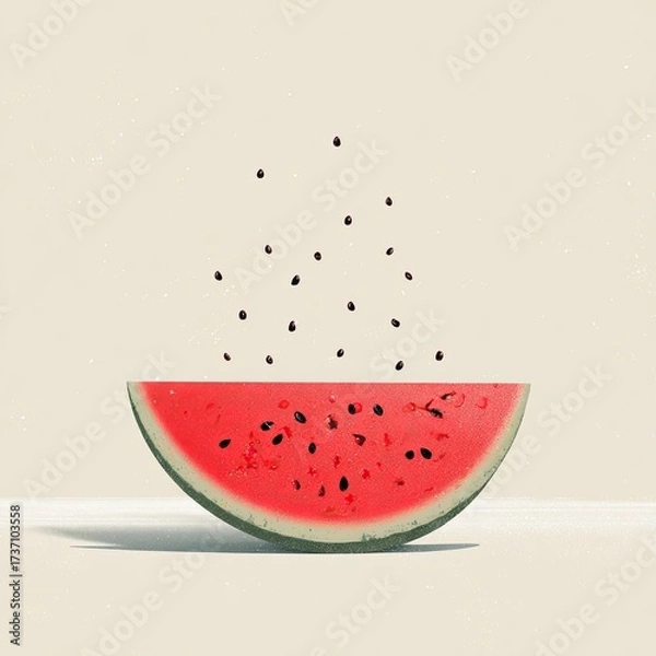 Fototapeta Half a watermelon slice with falling seeds against a light beige background