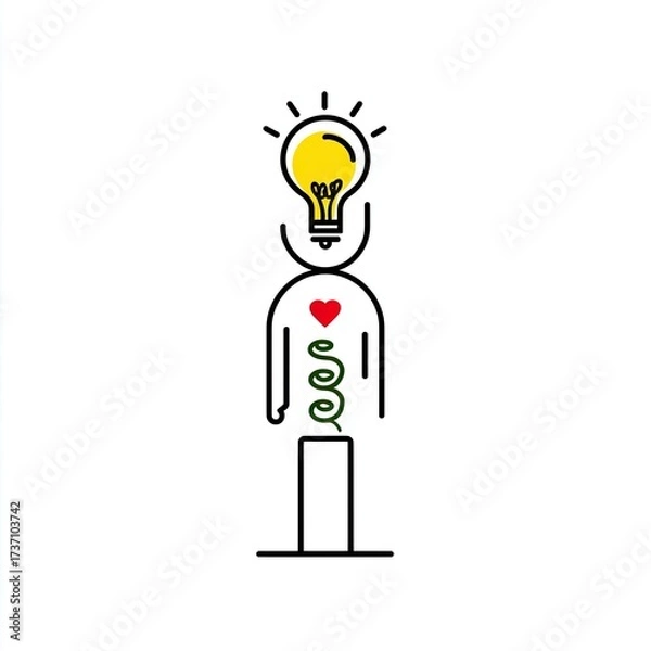 Fototapeta Simple illustration of a person with a lightbulb head, heart, and plant-like growth, suggesting creativity, love, and growth