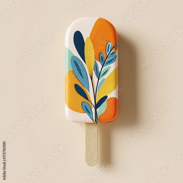 Fototapeta Abstract popsicle design with colorful organic shapes on a cream-colored background