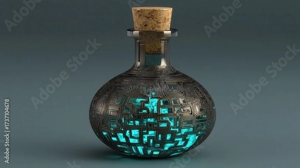Fototapeta halloween technology concept. Glass bottle with intricate patterns and a cork stopper.