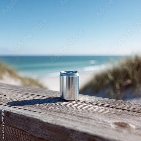 Fototapeta Aluminum can on weathered wooden railing overlooking ocean