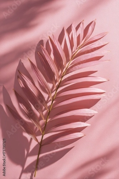 Obraz Pink palm frond with shadows on a pink surface, top-down view