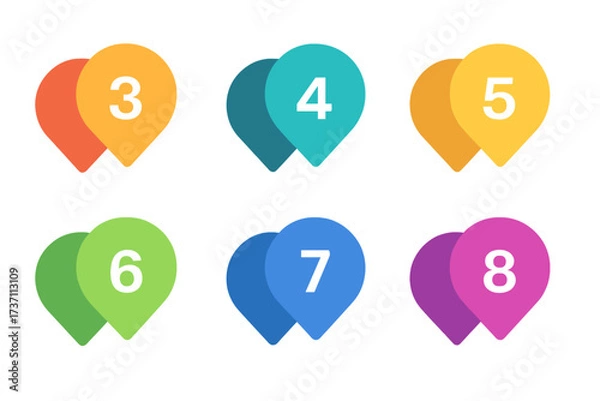 Fototapeta Infographic numbers 3 to 8. Vector business markers. Colorful step options. Process chart pins. Workflow diagram template. Presentation layout. Modern flat location pointers.