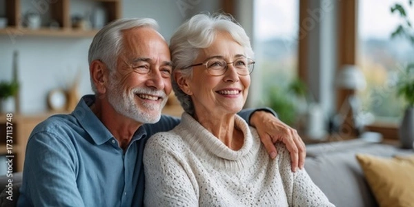 Fototapeta Happy romantic senior couple hugging and enjoying retirement at home