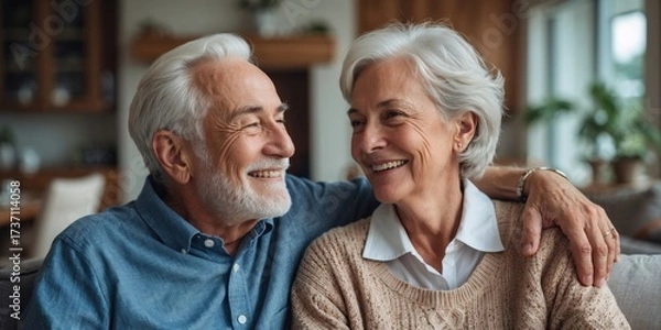 Fototapeta Happy romantic senior couple hugging and enjoying retirement at home