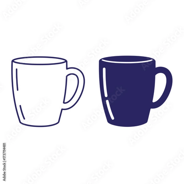 Fototapeta Two vector illustrations of coffee mugs in line art and solid dark blue color