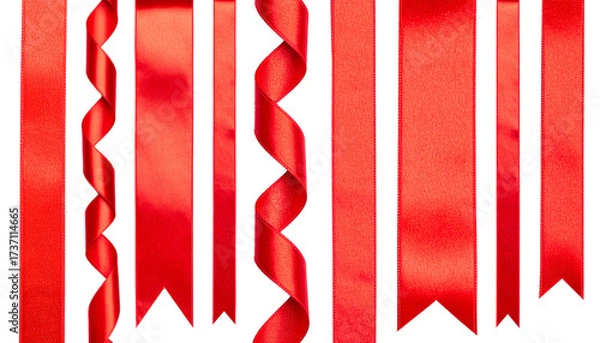 Obraz Cut out image of red satin ribbons, smooth straight and curling tapes. Glossy silk ribbons for holiday gift box, decor.	