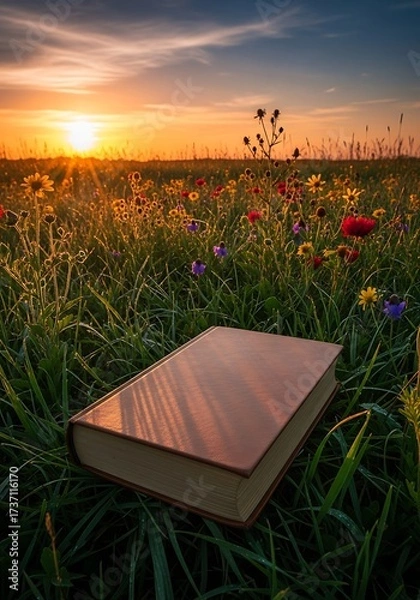 Fototapeta Book resting in a meadow at sunrise, reflecting calm and knowledge