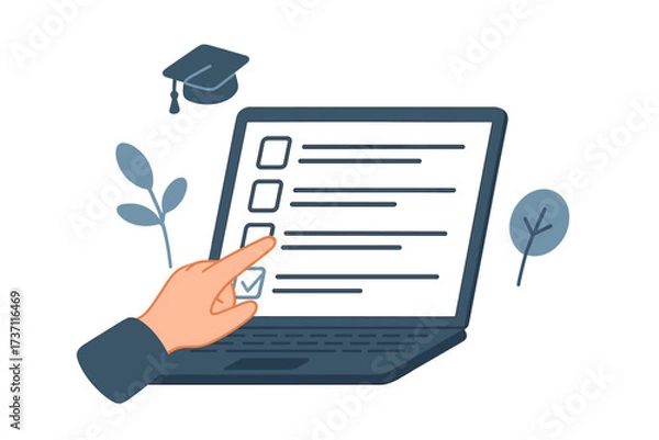 Obraz Online exam, e-learning concept. Hand choosing answer on laptop screen with checklist. Questionnaire form for education, survey or test. Distance learning. Graduation cap symbol.