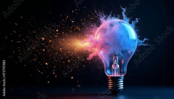 Obraz Exploding lightbulb with colorful smoke and sparks explosion energy