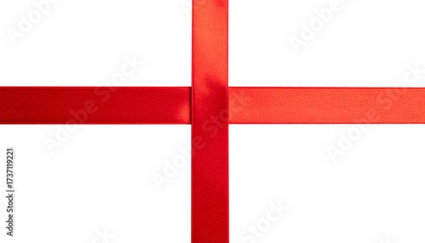 Obraz Cut out image of red satin cross-stretch ribbons. Glossy silk yellow ribbons for holiday gift box isolated on transparent background.	