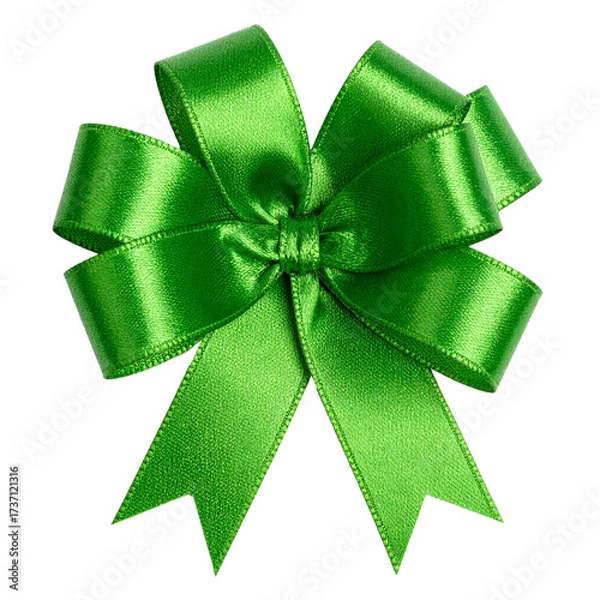 Obraz Cut out image of silk ribbon bow for gift box, decor. Elegant festive green bow made of satin glossy ribbon.	
