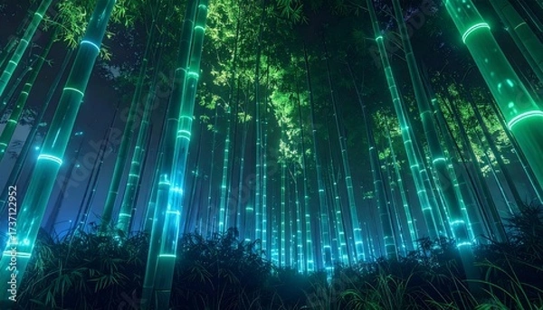 Fototapeta Glowing Illuminated Bamboo Forest Scenery at Night Background Image