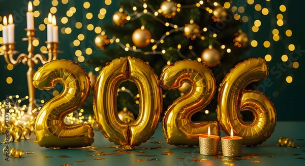 Fototapeta Celebrate 2026 with sparkling gold balloons and festive lights for a dazzling New Year