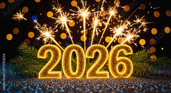 Fototapeta Celebrate New Year 2026 with sparkling glitter numbers and vibrant festive lights