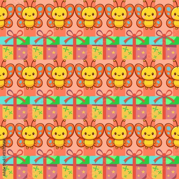 Fototapeta Playful seamless pattern print of butterflies and gifts for kawaii wallpaper fabric tileable design for wrapping
