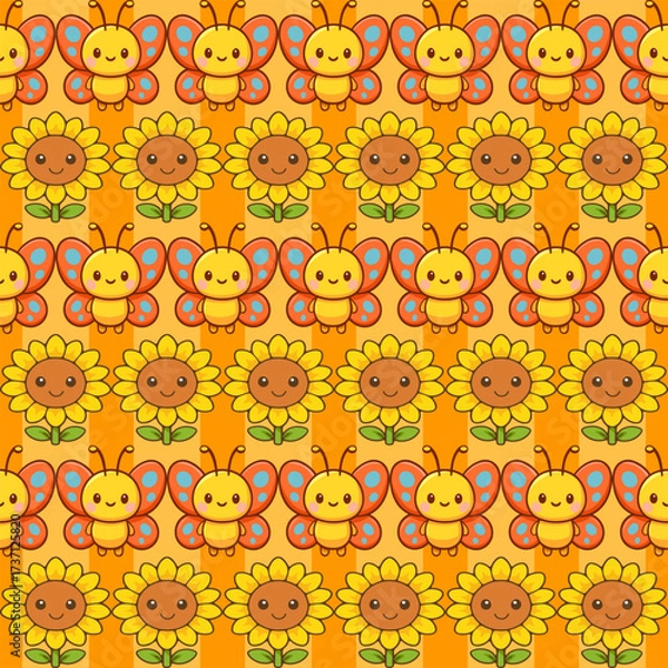 Fototapeta Playful seamless pattern of butterflies and sunflowers fabric print for kawaii wallpaper tileable design in bright environment