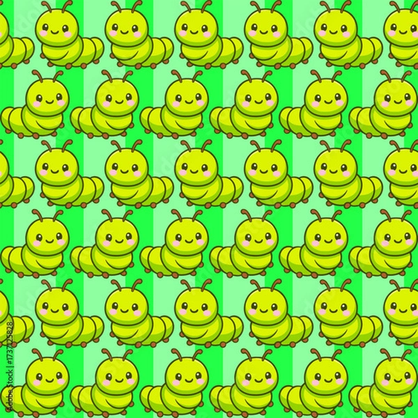 Fototapeta Playful kawaii caterpillar seamless pattern fabric print for wallpaper tileable design perfect for wrapping green environment