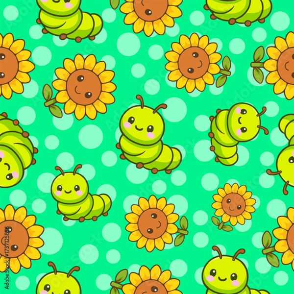 Fototapeta Playful caterpillar and sunflower seamless pattern fabric print for wrapping wallpaper and tileable designs