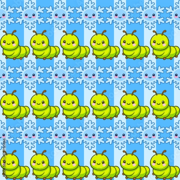 Fototapeta Playful seamless pattern of caterpillars and snowflakes fabric print wallpaper tileable design for creative wrapping