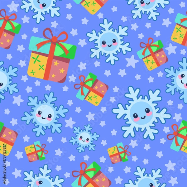 Fototapeta Playful seamless pattern of snowflakes and gifts for fabric wrapping wallpaper and tileable prints