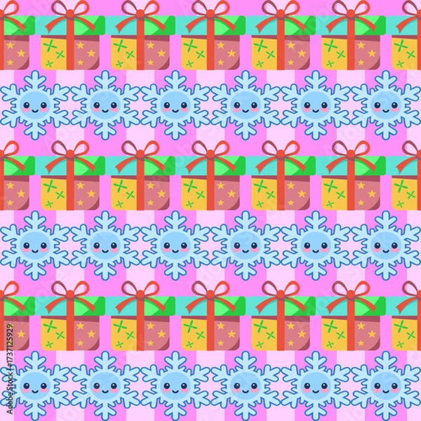 Fototapeta Playful seamless pattern fabric print for wrapping and wallpaper tileable design with gifts and snowflakes cheerful environment