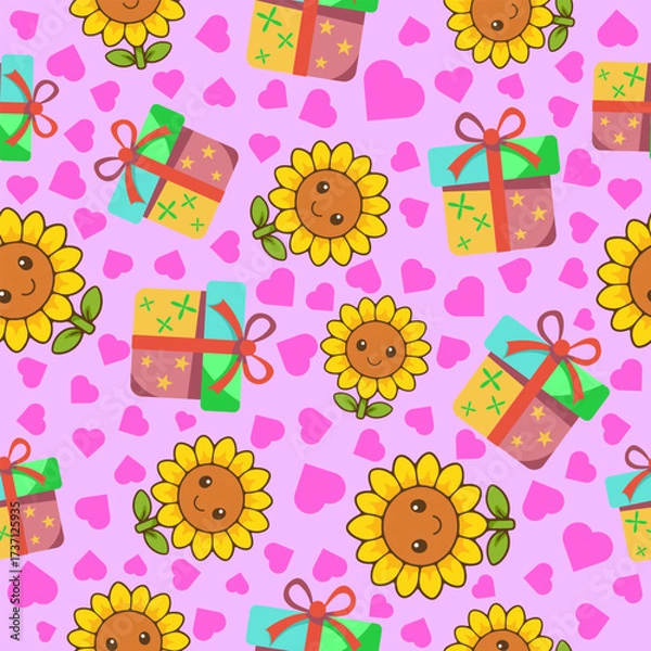 Fototapeta Playful seamless pattern print of sunflowers and gifts on pink background fabric wallpaper for wrapping and tileable design