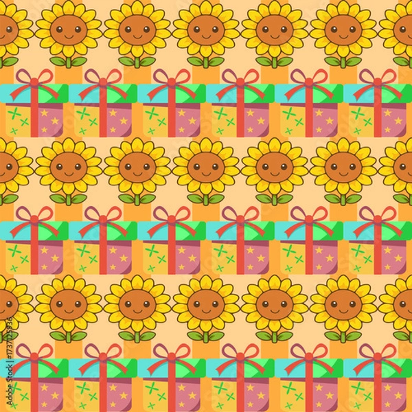 Fototapeta Playful seamless pattern of sunflowers and gifts for fabric wallpaper and print tileable and fun design