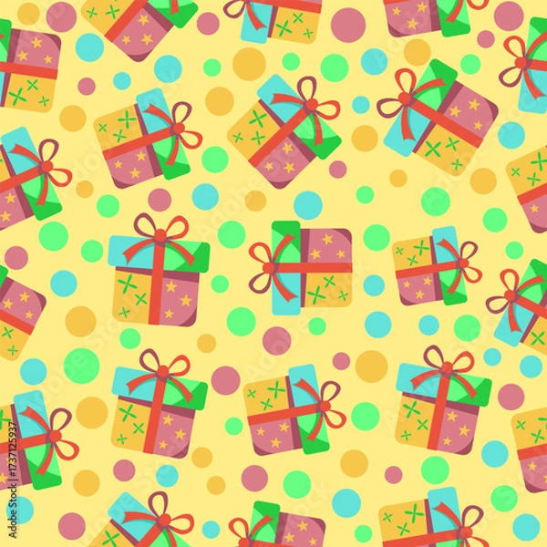 Fototapeta Playful seamless pattern print of gift boxes and bubbles fabric wrapping wallpaper tileable design for cheerful environments