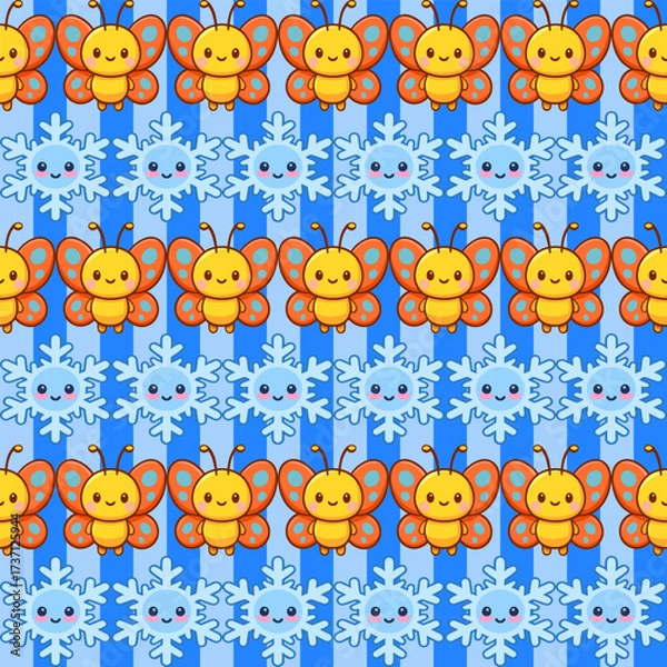 Fototapeta Playful kawaii butterfly and snowflake seamless pattern fabric print wallpaper tileable design for fun decor