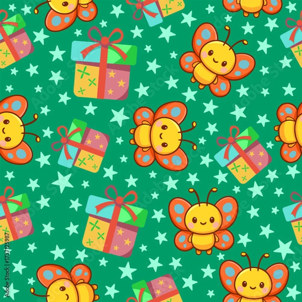 Fototapeta Playful seamless pattern of butterflies and gifts kawaii fabric print for wrapping tileable wallpaper design