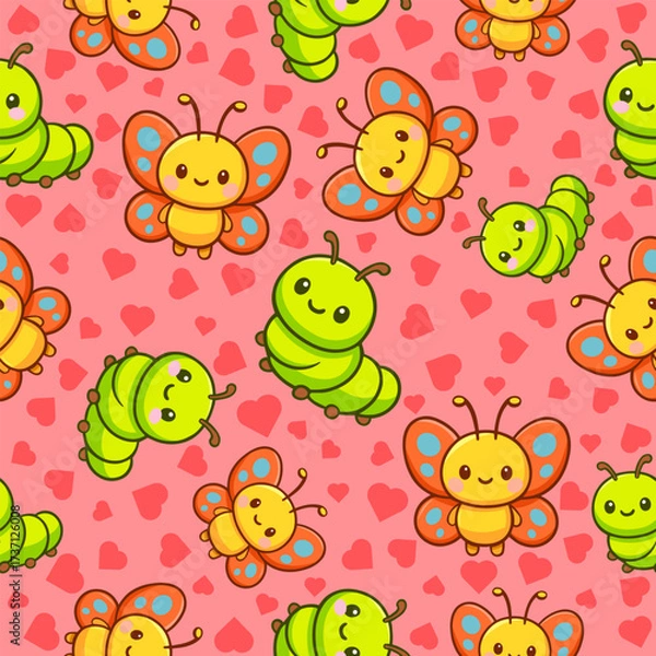Fototapeta Playful kawaii seamless pattern print of caterpillars and butterflies for fabric wallpaper tileable design