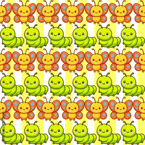 Fototapeta Playful seamless pattern of kawaii butterflies and caterpillars for wallpaper fabric and print in bright colors