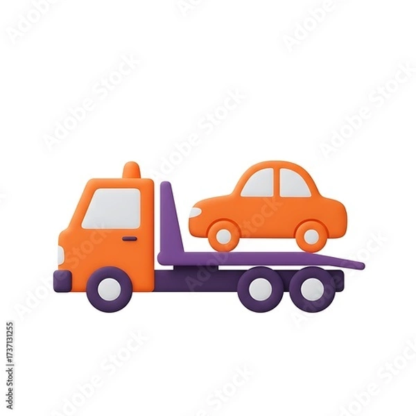 Obraz Orange tow truck carrying a car isolated on white background, 3d rendering illustration