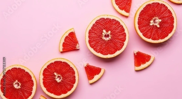 Obraz Sliced ruby red grapefruits on a soft pink background, arranged