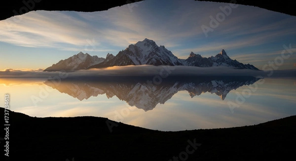 Fototapeta Mont blanc mountain range reflecting in still water under a cloudy sky creating a dramatic and scenic alpine landscape view