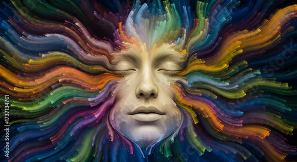 Fototapeta An ethereal face emerges from a vibrant explosion of swirling colors, evoking a sense of inner peace and creative energy flow in harmony