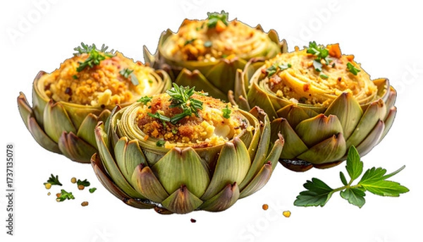 Fototapeta Four artichokes filled with breadcrumbs and herbs, showcasing a golden-brown topping and green leaves.