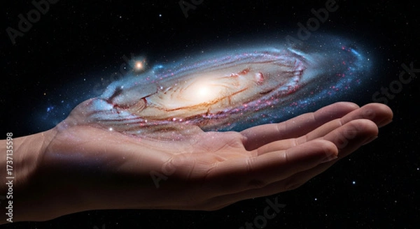 Fototapeta A galaxy rests gently in the palm of a hand, symbolizing the vastness of space and the human connection to the cosmos and universe