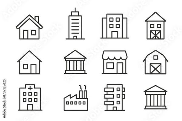 Fototapeta Building line icon set. Real estate and city architecture symbols. House, bank, hospital, factory. Minimal vector pictogram collection for web and app design. Editable stroke.